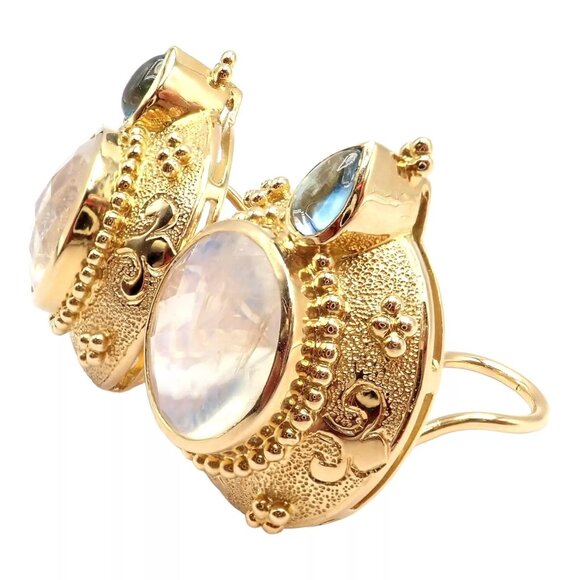 Rare! Vintage Paula Crevoshay 18k Gold Aquamarine Moonstone Round Earrings OOAK - Picture 4 of 12
